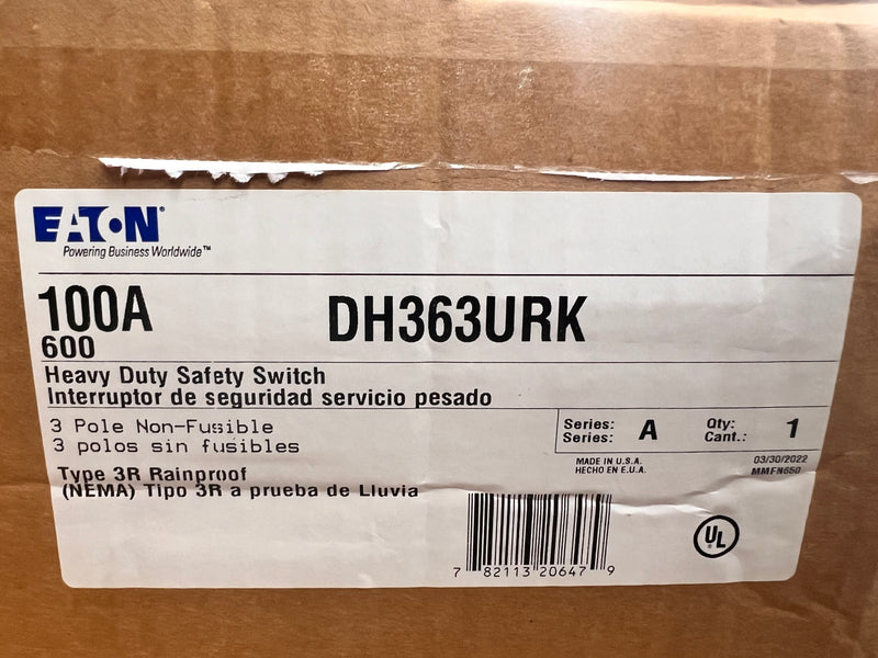 Eaton DH363URK Safety Switch Type 3R 100 Amp 600v 3Pole Non-Fused