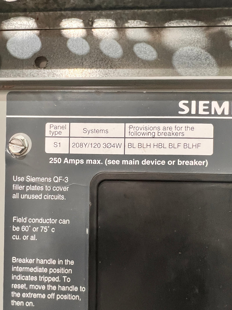Siemens S1C42ML250ATS 3 Phase 4 Wire 250A 42 Circuit 240/208Y/120V Type 1 Panel Board Flush Cover