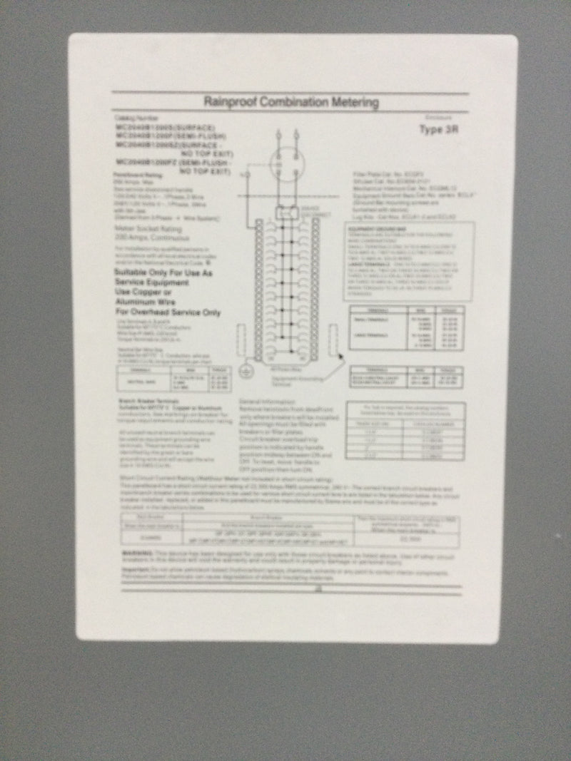 Siemens MC2040B1200F 200 Amp 20-Space Overhead Flush Meter Combo Load