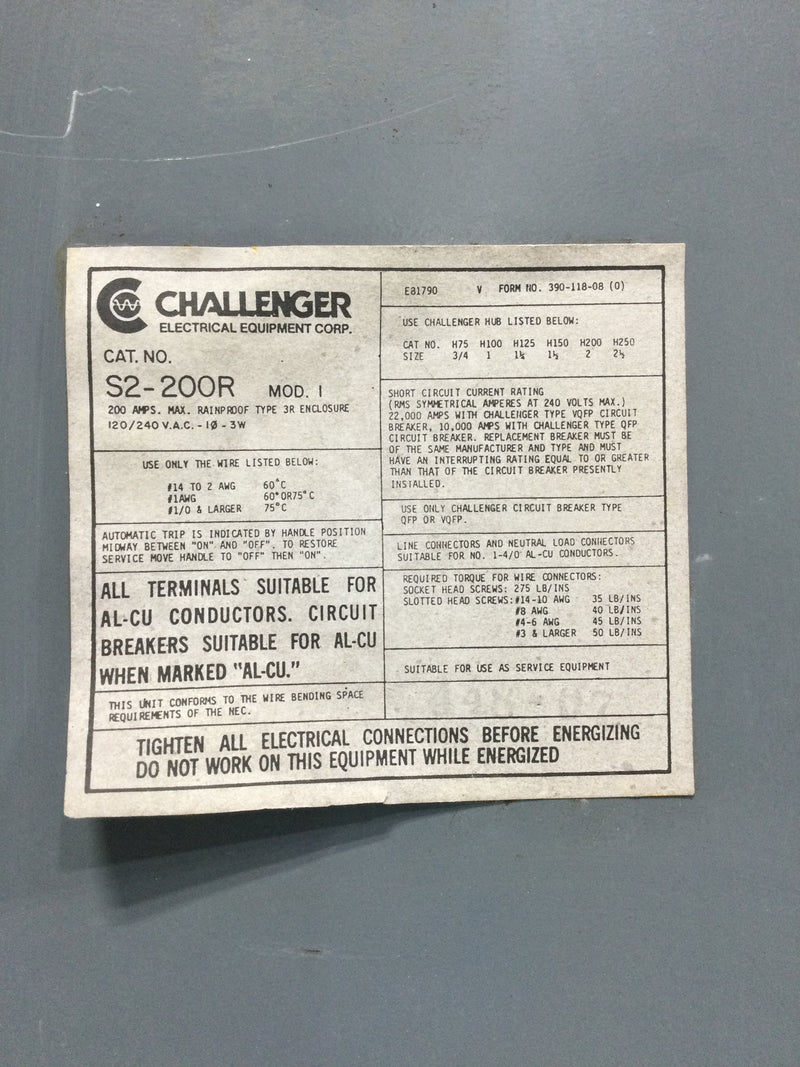 Challenger S2-200R Panelboard Cover Only 200 Amps 120/240V Nema 3R 22 3/8" x 9 7/8"