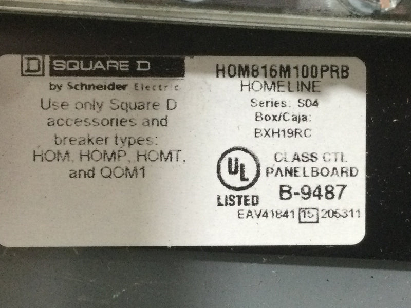 Square D/Homeline HOM816M100PRB 100A Main Breaker 8 Space 16 Circuit 120/240VAC Type HOM Nema3R