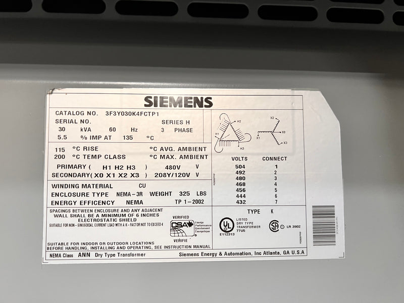 Siemens Dry Type Transformer 30Kva 60 Hz 3 Phase Pri: 480v Sec: 208y/120v 3F3Y030K4FCTP1