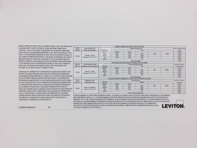 Leviton CA050LDC20010 200 Amp 30 Space Panel Door Only w/Main 39 1/8" x 15 1/2"