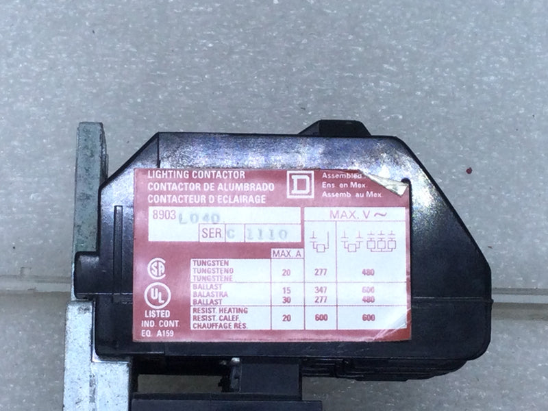 Square D 8903LO40 4 Pole 20 Amp 120V-60Hz 110V-50Hz Lighting Contactor