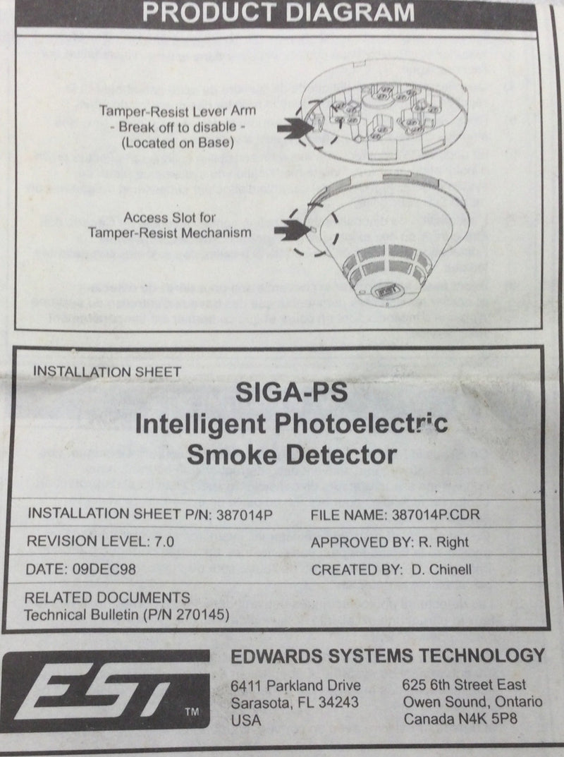 EST/Edwards Systems Technology SIGA-PS Intelligent Photo Electric Smoke Detector