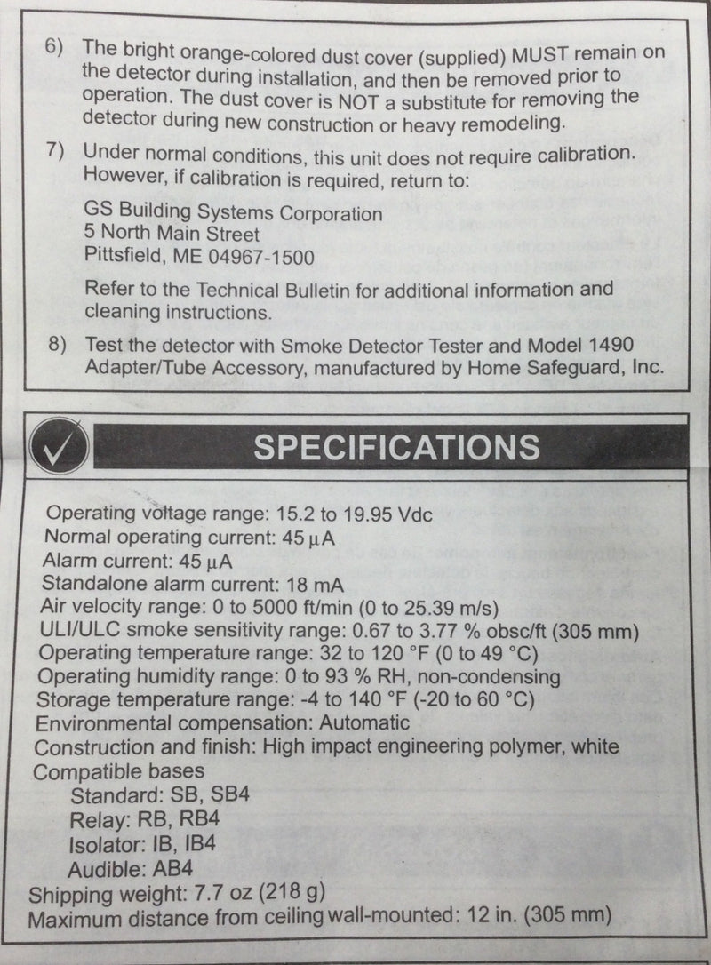 EST/Edwards Systems Technology SIGA-PS Intelligent Photo Electric Smoke Detector