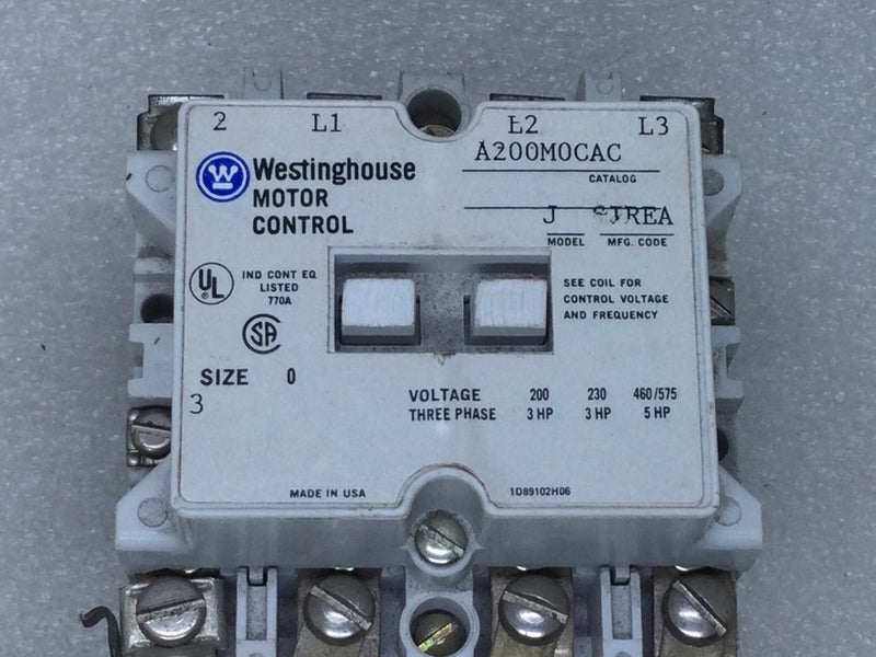 Westinghouse A200M0CAC 3-Phase Motor Control Model-J 3-5HP 600V Starter Size 0