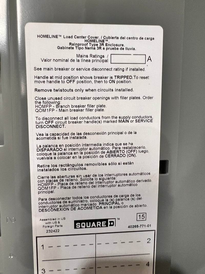 Square D/Homeline HOM2040M200RB Single Phase 200A Max 120/240VAC 20 Space 40 Circuit 3R Exterior Panel
