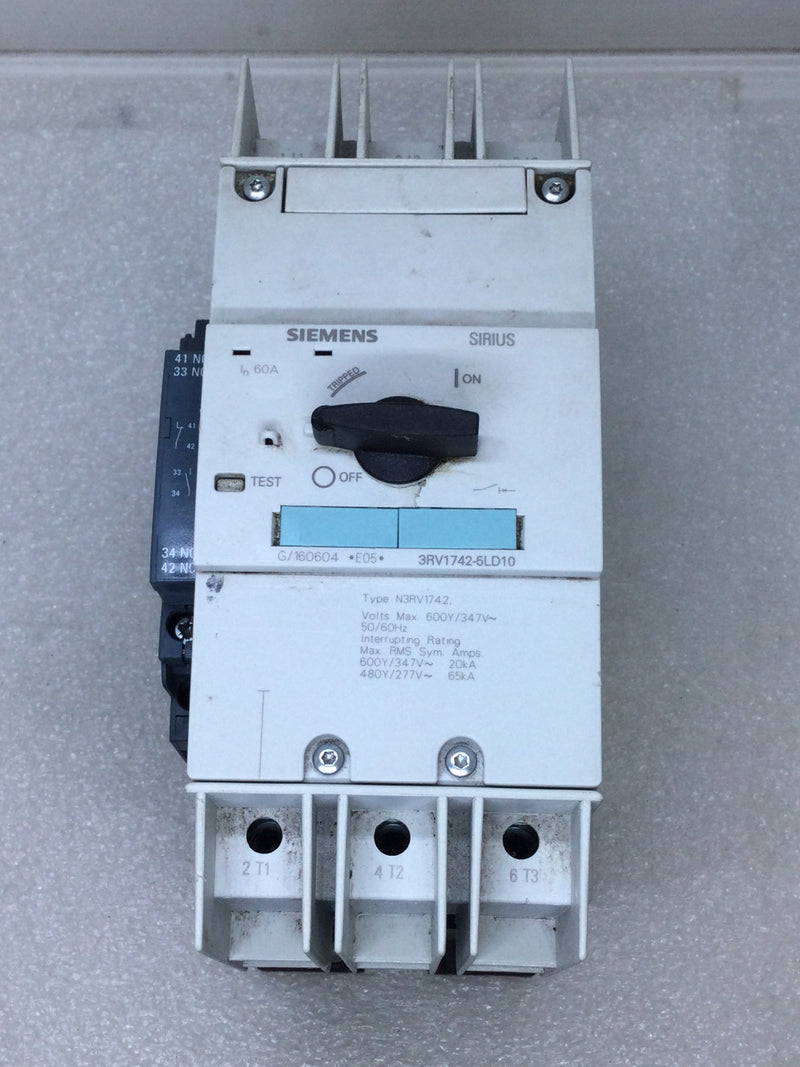 Siemens 3RV1742-5LD10 60 Amp 3 Pole Motor Circuit Breaker w/3RV2901-1A Auxiliary Contact