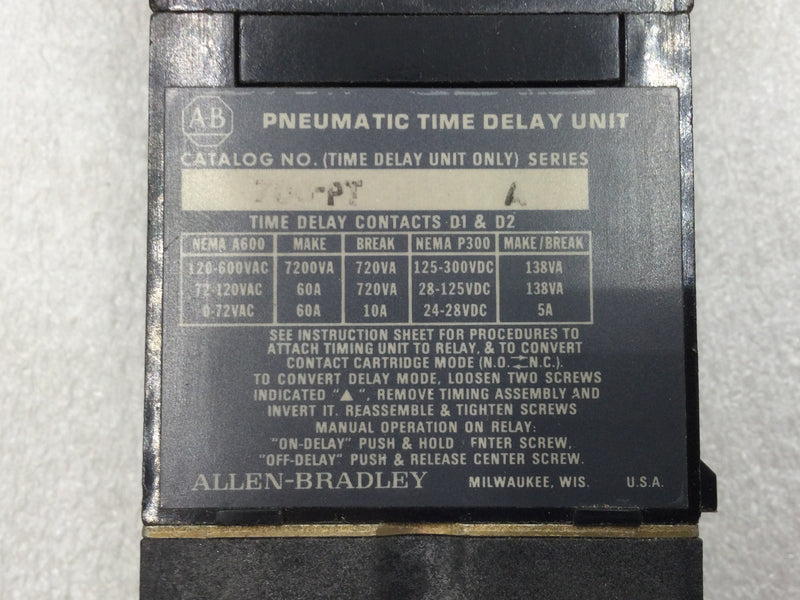 Allen-Bradley 700-PPTA1 Control Relay Series A W/Pneumatic Time Delay Unit 700-PT