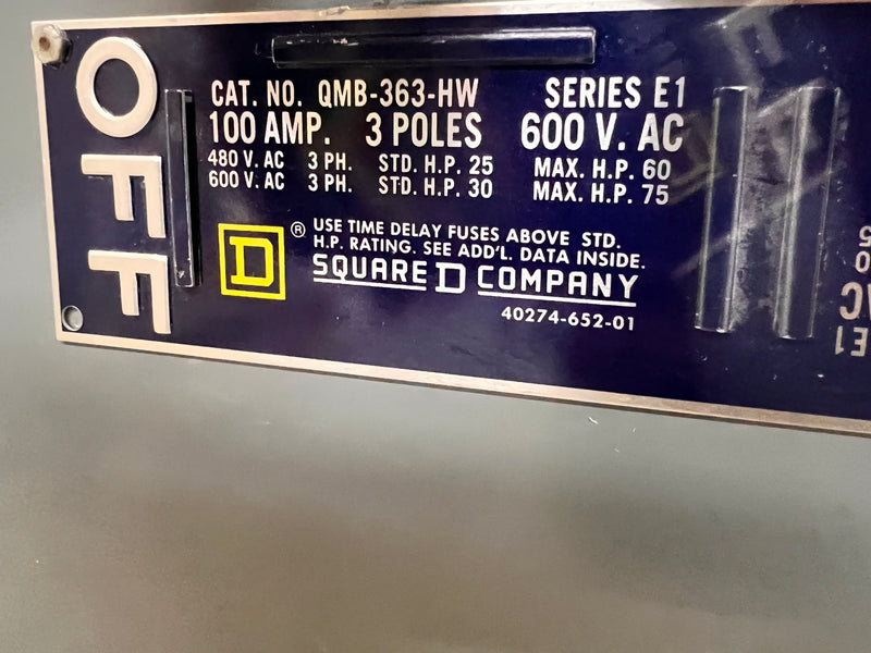 Square D QMB-363-HW 100 Amp 600v 75 Hp Fusible Panelboard Branch Switch