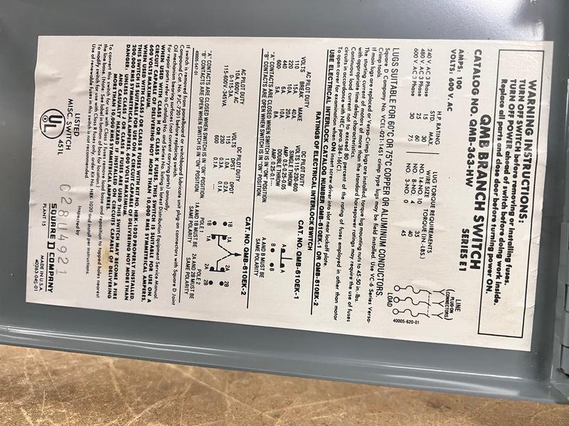 Square D QMB-363-HW 100 Amp 600v 75 Hp Fusible Panelboard Branch Switch