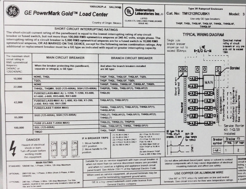 GE TM1212RCUBK1 125 Amp 12/24 Space 120/240V Load Center Cover 21 1/4" x 12 7/8"