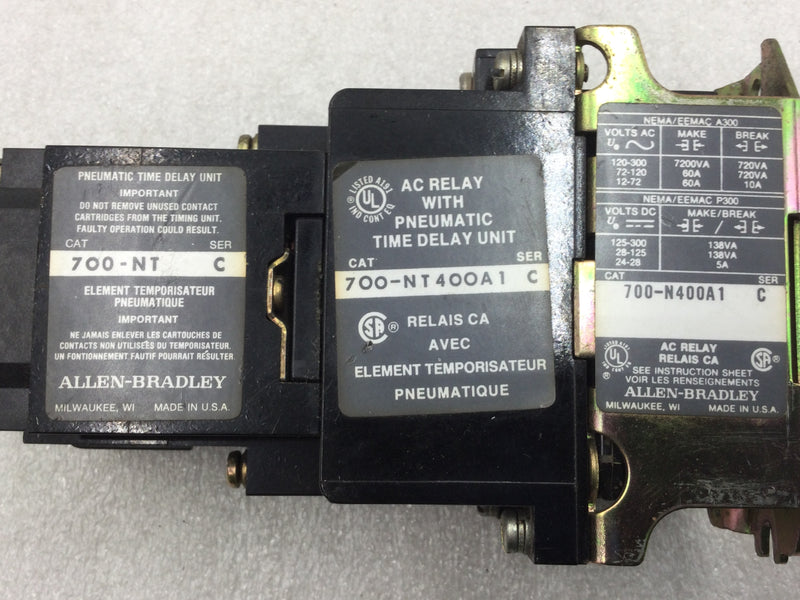 Allen-Bradley 700-NT Pneumatic Timing Relay Unit Series C Includes 700-NT400A1 AC Relay and 700-NT400A1 Ser.C AC Relay with Pneumatic Time Delay Unit
