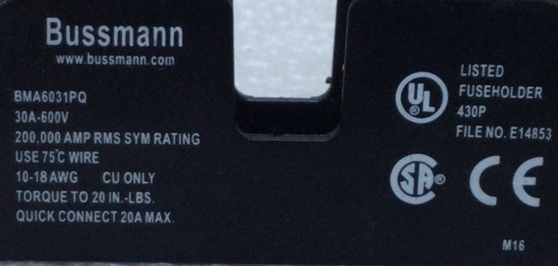 Bussmann BMS6031PQ 30 Amp Single Pole 600V Fuse Block Holder