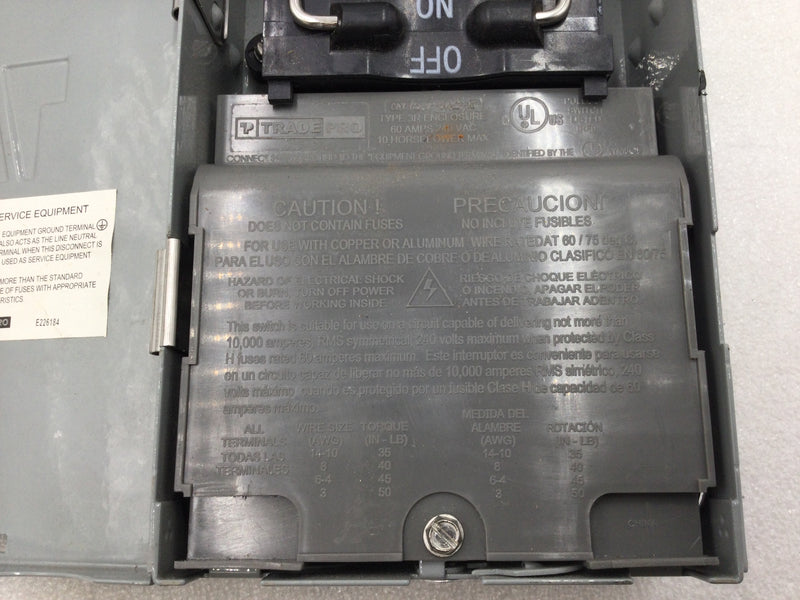 Trade Pro TP-60AMP-NF Non-Fused 60 Amp Pullout Disconnect Switch 240 VAC