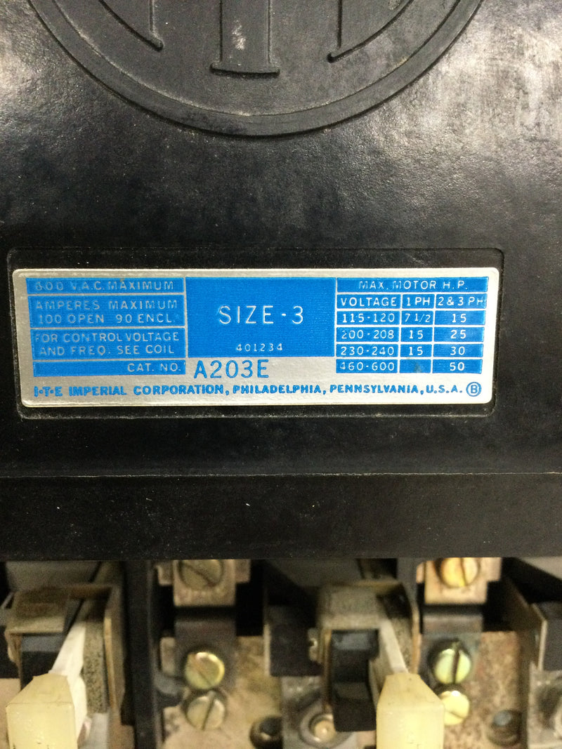 ITE AC Magnetic Starter A203E Size 3 100 AMP mounted in enclosure E1