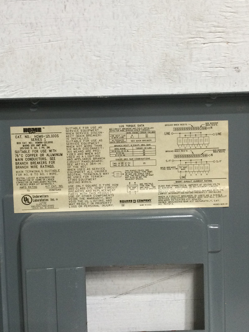 Square D Homeline HOM6-12L100S Dead Front Only 6 Space 100 Amp 120/240V 12 7/8" x 9 1/8"