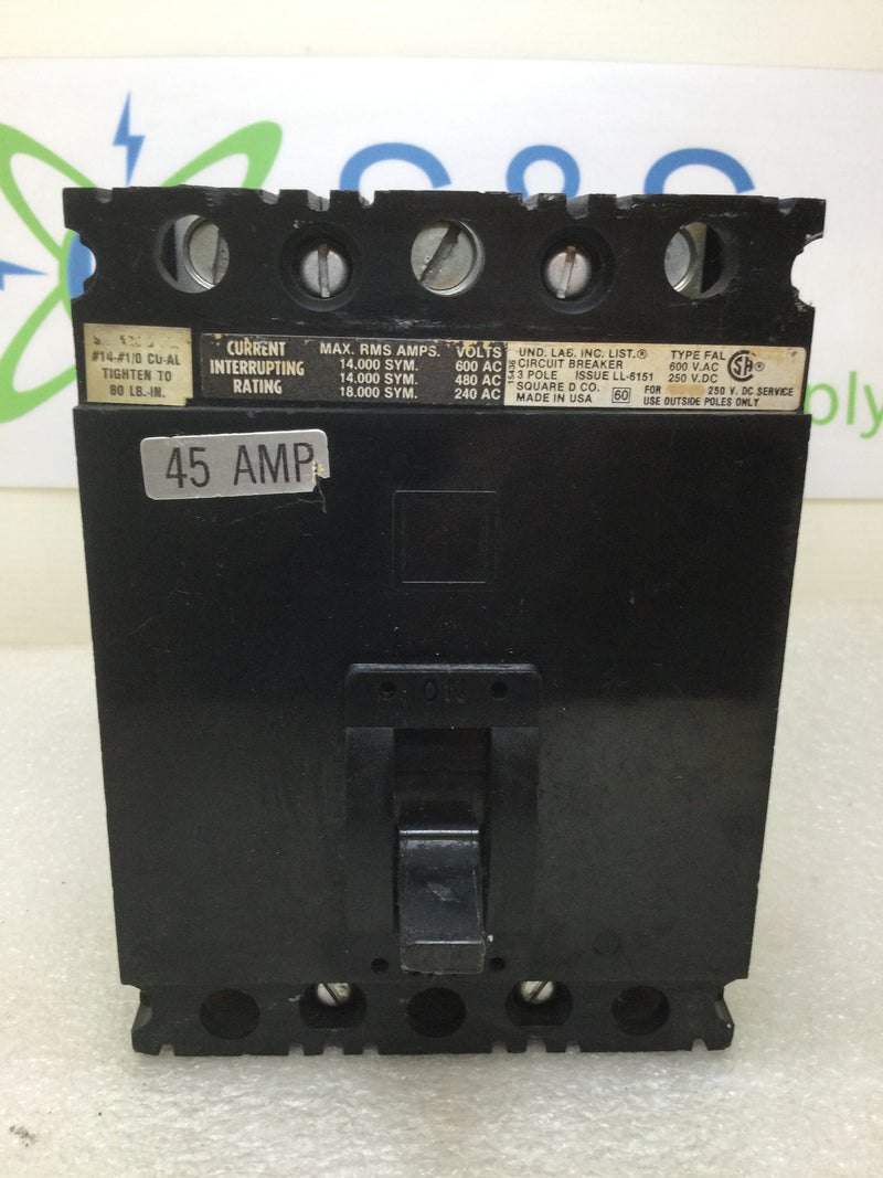 Square D FAL36045 45 Amp 3 Pole 600V Circuit Breaker