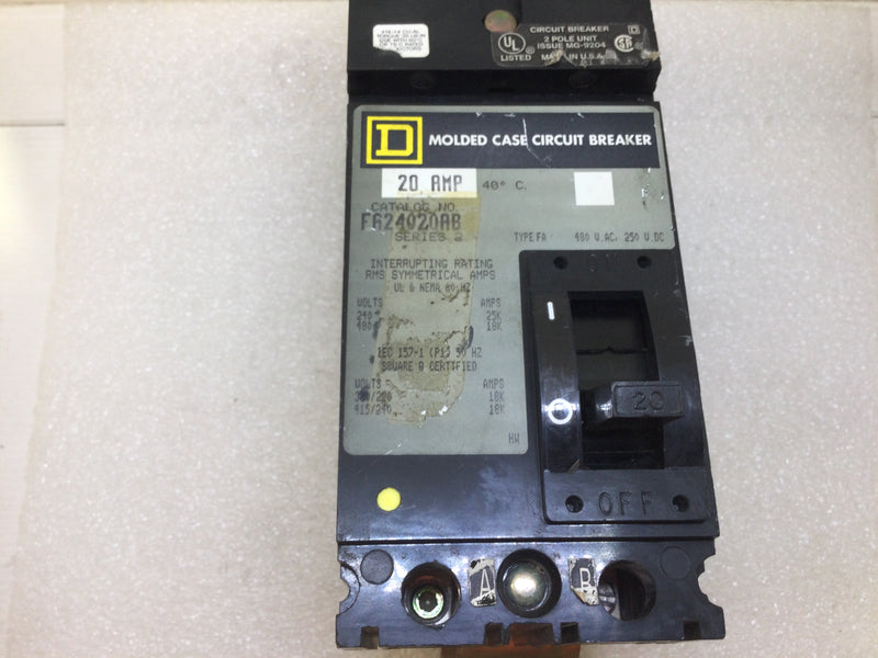 Square D FA24020AB 20 Amp 480VAC 2 Pole I Line Circuit Breaker