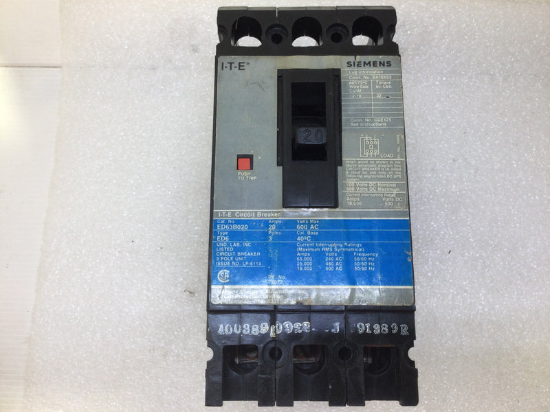 Siemens ED63B020 3 Pole 20 Amp 600VAC Type ED6 Circuit Breaker