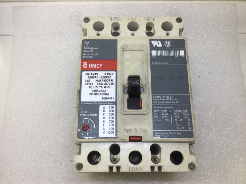 Cutler-Hammer/Westinghouse HMCP100R3C 100 Amp 3 Pole 600 Vac Type HMCP Series C Motor Circuit Breaker