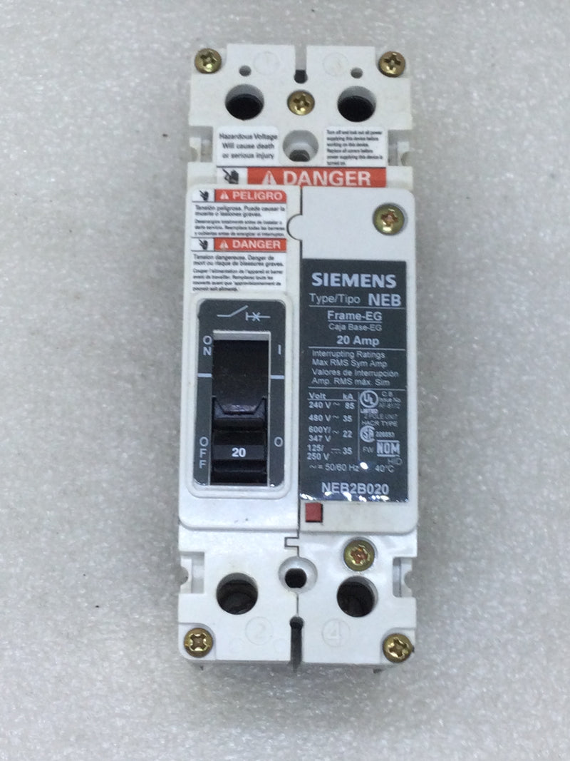 Siemens NEB2B020B 20 Amp 2 Pole 480 VAC Bolt On Circuit Breaker with Lugs