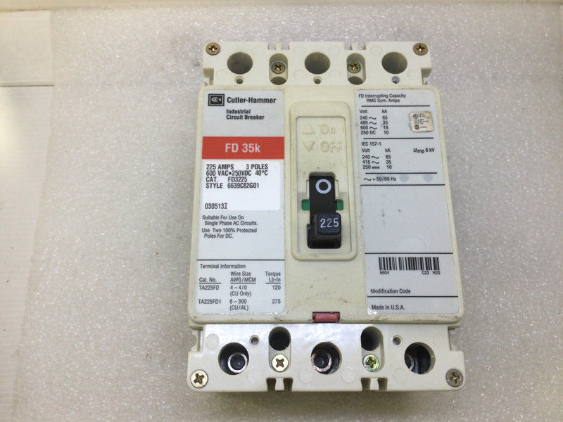 Eaton FD3225 225 Amp 3 Pole 600v FD 35k Circuit Breaker Red Label
