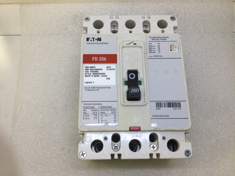 Eaton FD3200L 200 Amp 3 Pole 600V FD35k Circuit Breaker Red Label