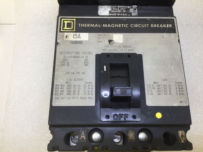 Square D FA32015 15 Amp 3 Pole 240V Thermal Magnetic Circuit Breaker
