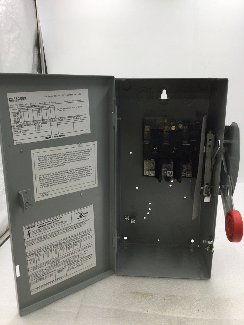 Eaton/Cutler-Hammer DH362UGK 60 Amp 3 Pole 600VAC Non-Fused Nema1 Safety Switch