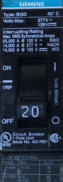 Siemens BQD120 20 Amp 1 Pole 277/125V Bolt On Circuit Breaker