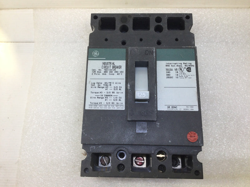 General Electric TED134125 3 Pole 125A 480VAC Type TED Adjustable Trip Set Circuit Breaker