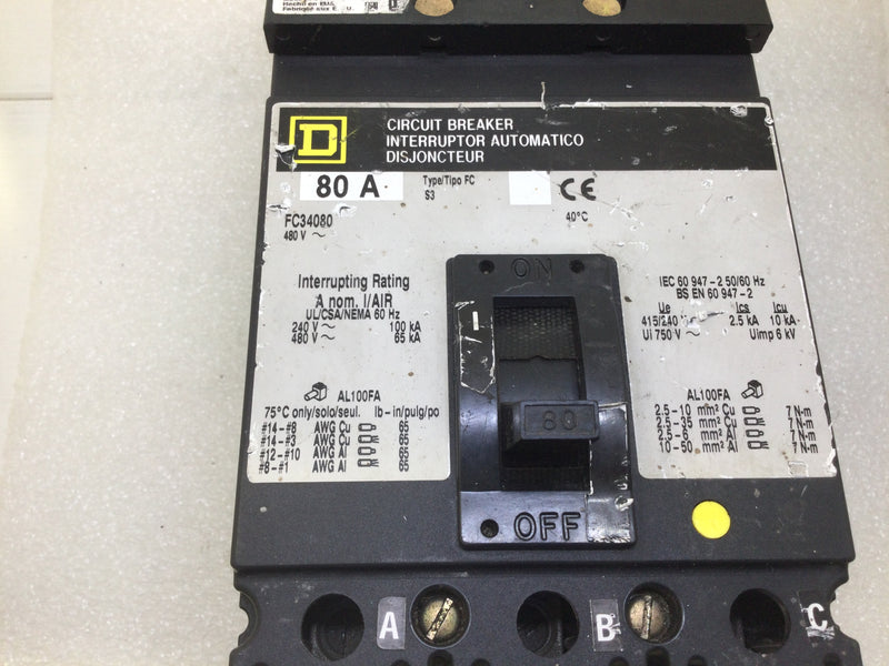 Square D FC34080 80 Amp 3 Pole 480V I Line Circuit Breaker