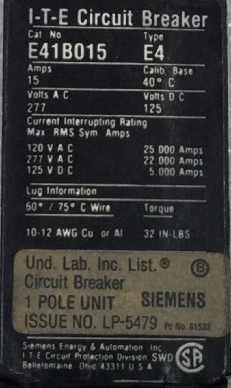 ITE E41B015 15 Amp 1 Pole 125/277V Circuit Breaker