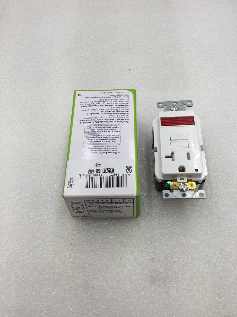 Leviton GFPL2-PLW 20 Amp 125 VAC Smart Lock Pro Self Test GFCI Outlet with Pilot Light
