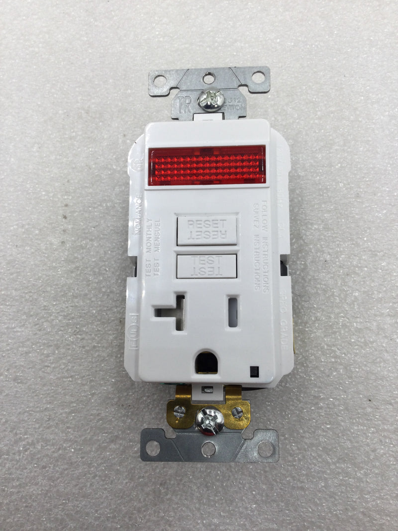 Leviton GFPL2-PLW 20 Amp 125 VAC Smart Lock Pro Self Test GFCI Outlet with Pilot Light