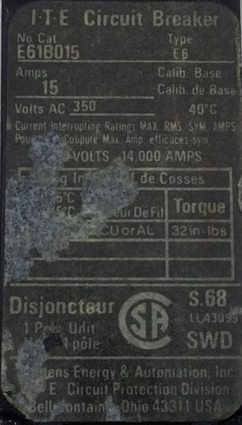 ITE E61B015 15 Amp 1 Pole 350V Breaker