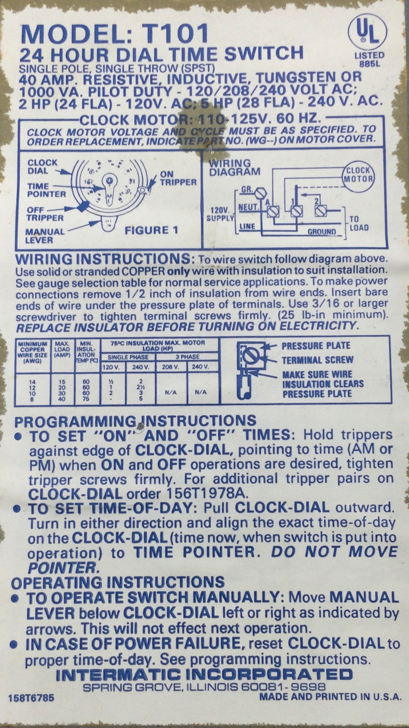 Intermatic T101 40 Amp 1 Pole 240V 24-Hour Dial-time Switch -Used