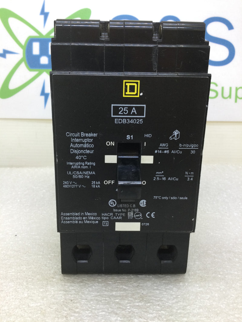 Square D EDB34025 25 Amp 3 Pole 240V Circuit Breaker