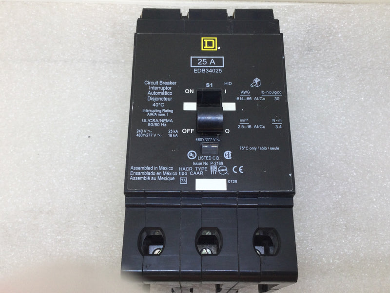 Square D EDB34025 25 Amp 3 Pole 240V Circuit Breaker