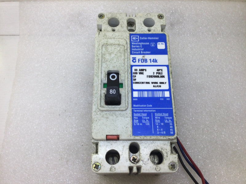 Cutler Hammer/Westinghouse FDB2080LA06 80 Amp 2 Pole 600Vac Circuit Breaker