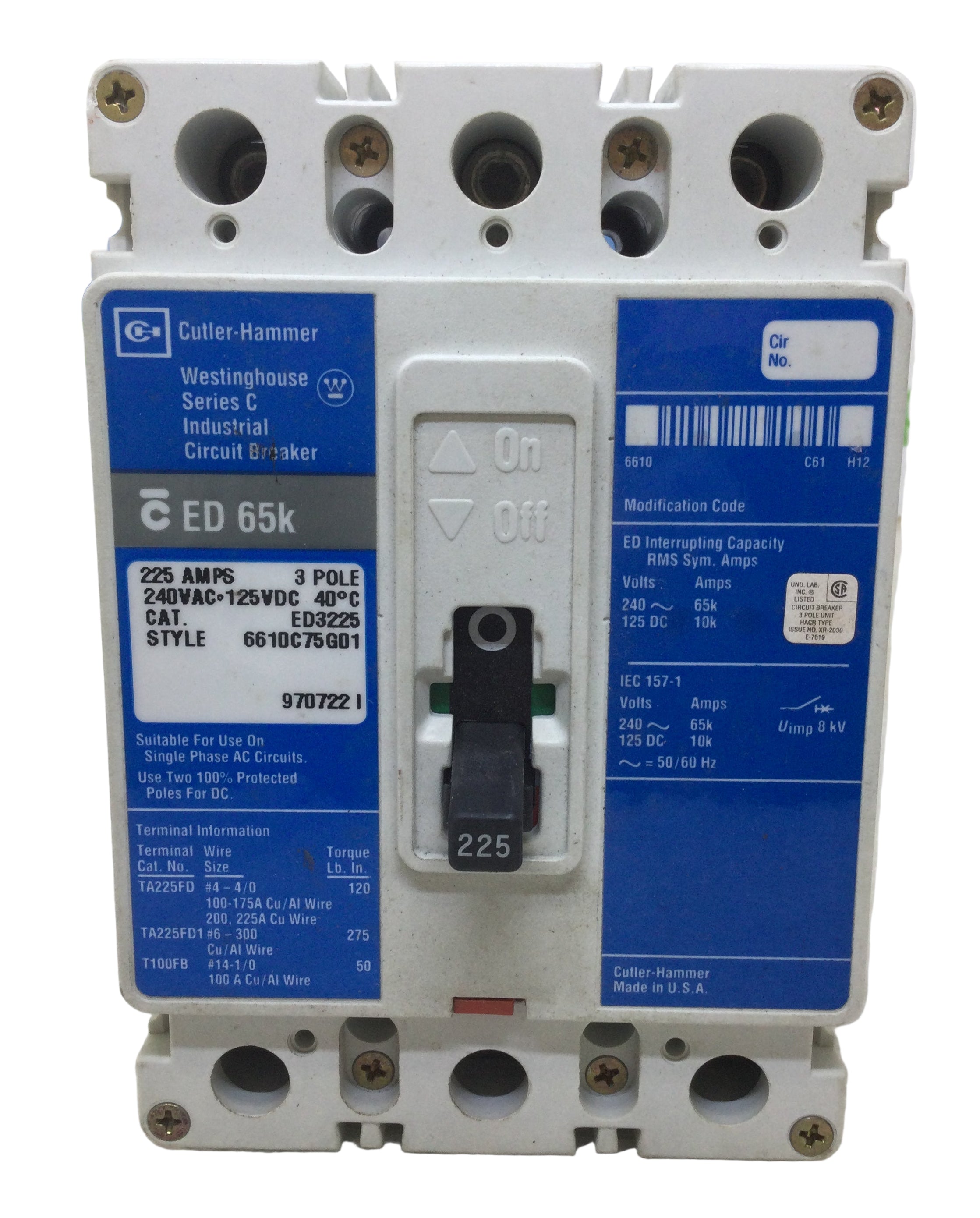 Cutler-Hammer/Westinghouse ED3225 225 Amp 3 Pole 240v ED65k Circuit Br