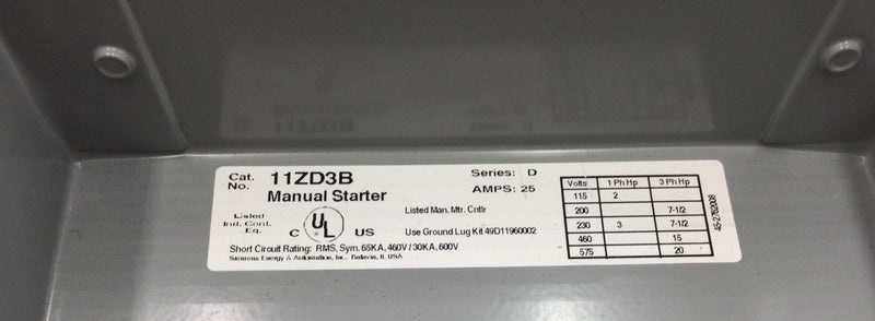 Siemens 11ZD3B Manual Motor Starter 3 Phase 25 Amp 115-575 VAC 1-20 HP Nema 1 Enclosure