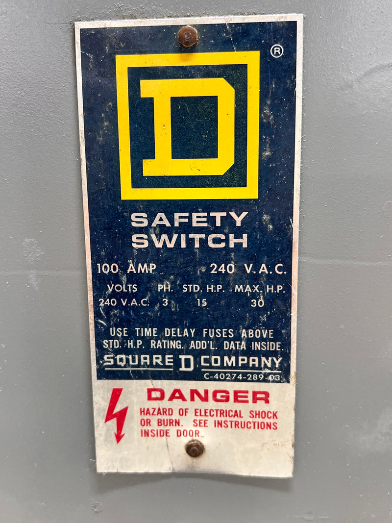 Square D H323-RB Safety Switch 100Amp 240V Series E1 3-Phase H323RB