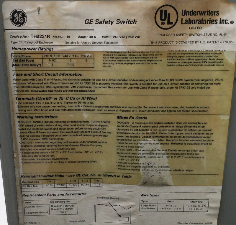 GE TH3221R 30 Amp 3-Phase 240V Heavy-Duty Safety-Switch -Used