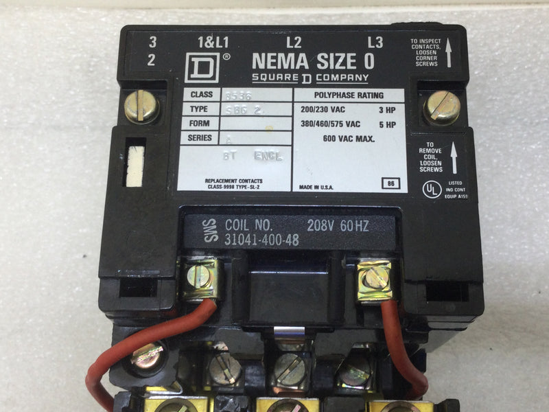 Square D 8536SBG2 Size 0 Series A 3 Phase 200/230v Coil 208v Contactor 8536SBG-2