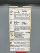 Siemens F-354 Fusible Heavy Duty Safety Switch 3 Pole 200 Amp 600 VAC Type 1 Indoor Enclosure