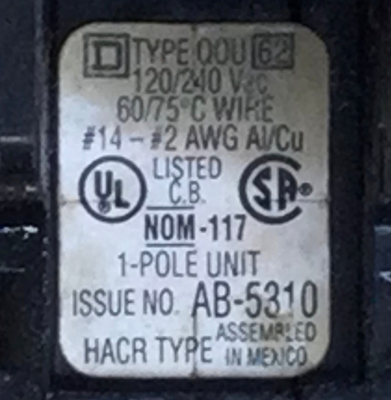 Square D QOU115 15 Amp 1 Pole 120/240V Circuit Breaker - Yellow Face