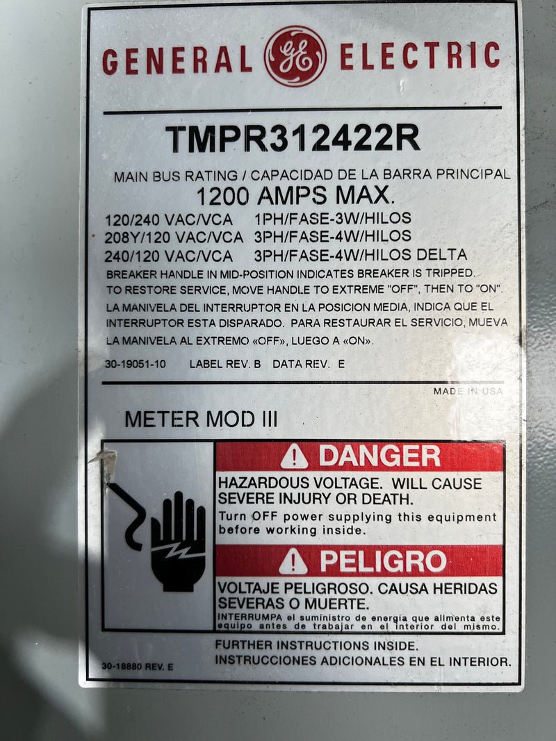 GE TMPR312422R Meter Stack, 1200 Amp, 4 X 225 Amp Socket, 3ph Phase, 1